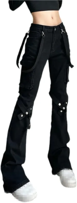 ENFUSO Punk Y2k Grunge Low Waist Emo Jeans Mall Gothic Women Black Patchwork Electro Pants Fashion Streetwear Alt Clothes