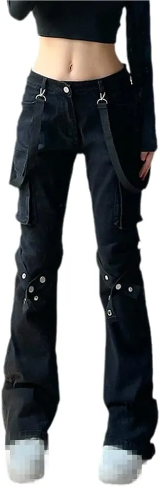 ENFUSO Punk Y2k Grunge Low Waist Emo Jeans Mall Gothic Women Black Patchwork Electro Pants Fashion Streetwear Alt Clothes