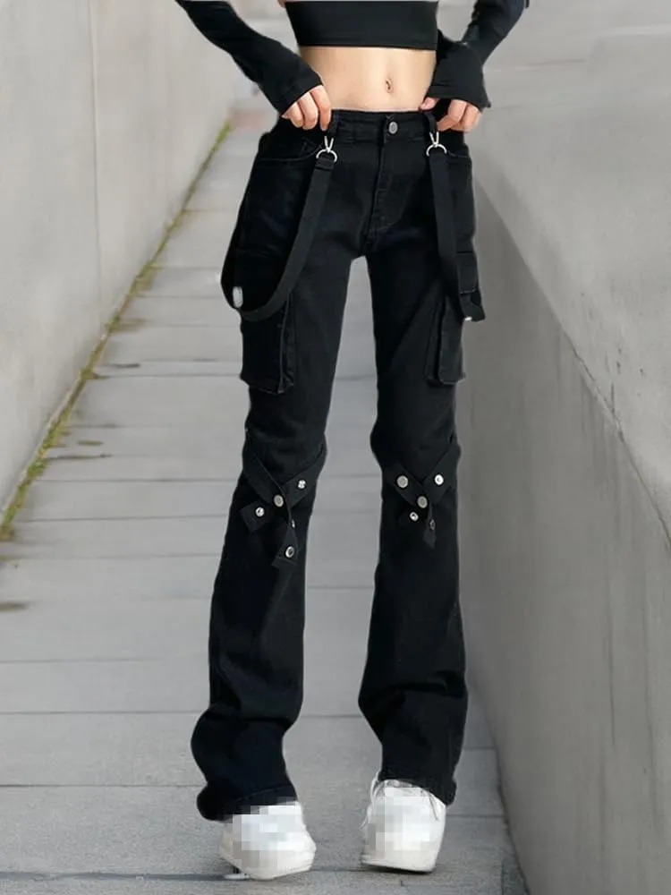 ENFUSO Punk Y2k Grunge Low Waist Emo Jeans Mall Gothic Women Black Patchwork Electro Pants Fashion Streetwear Alt Clothes