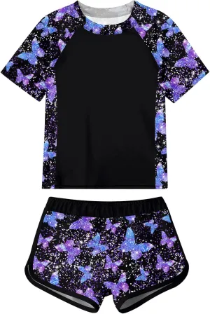 Enlifety 7-14T Girls Swimsuit 2 Piece Bathing Suit Short Sleeve Rash Guard Swimwear Set