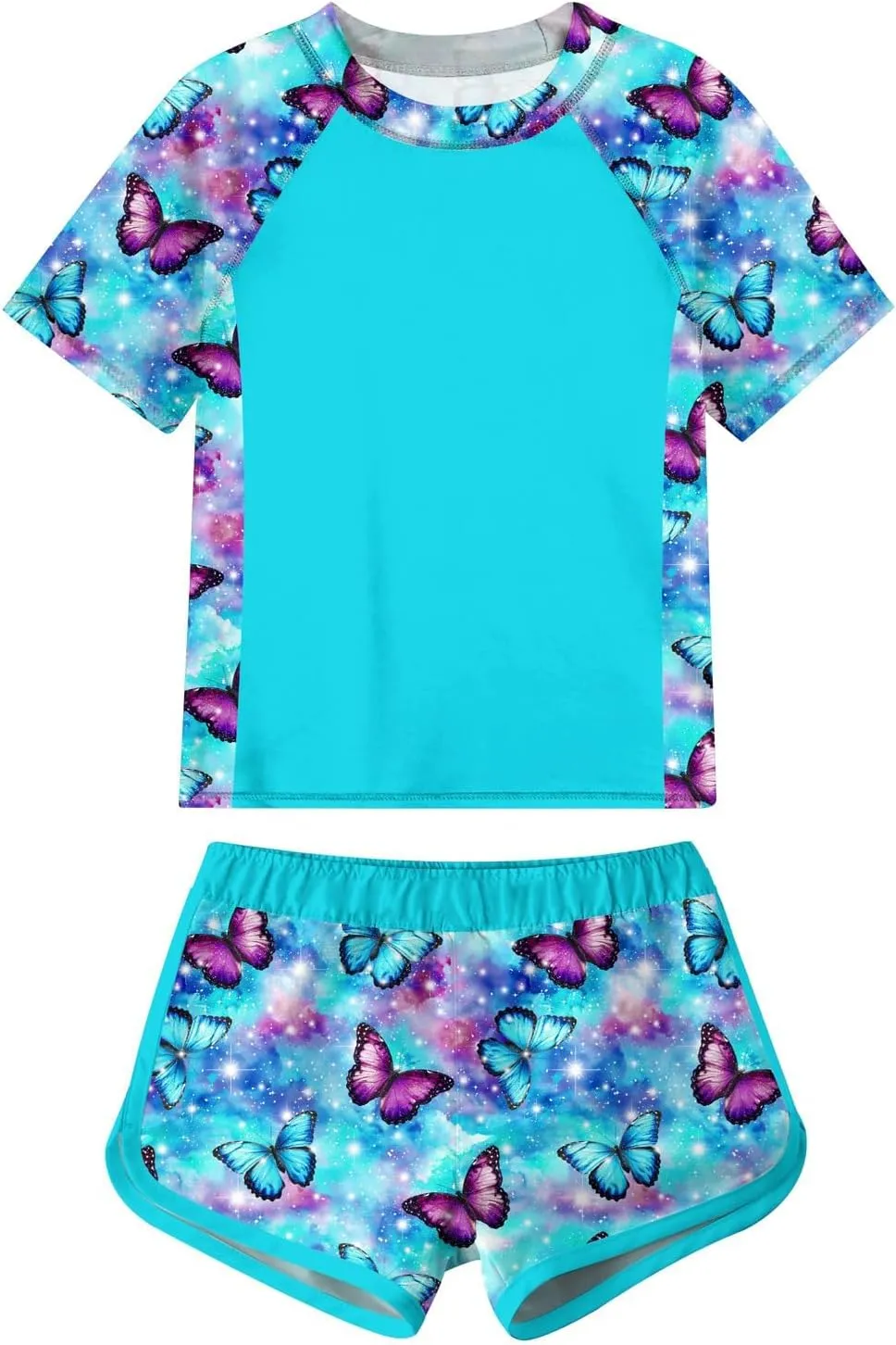Enlifety 7-14T Girls Swimsuit 2 Piece Bathing Suit Short Sleeve Rash Guard Swimwear Set