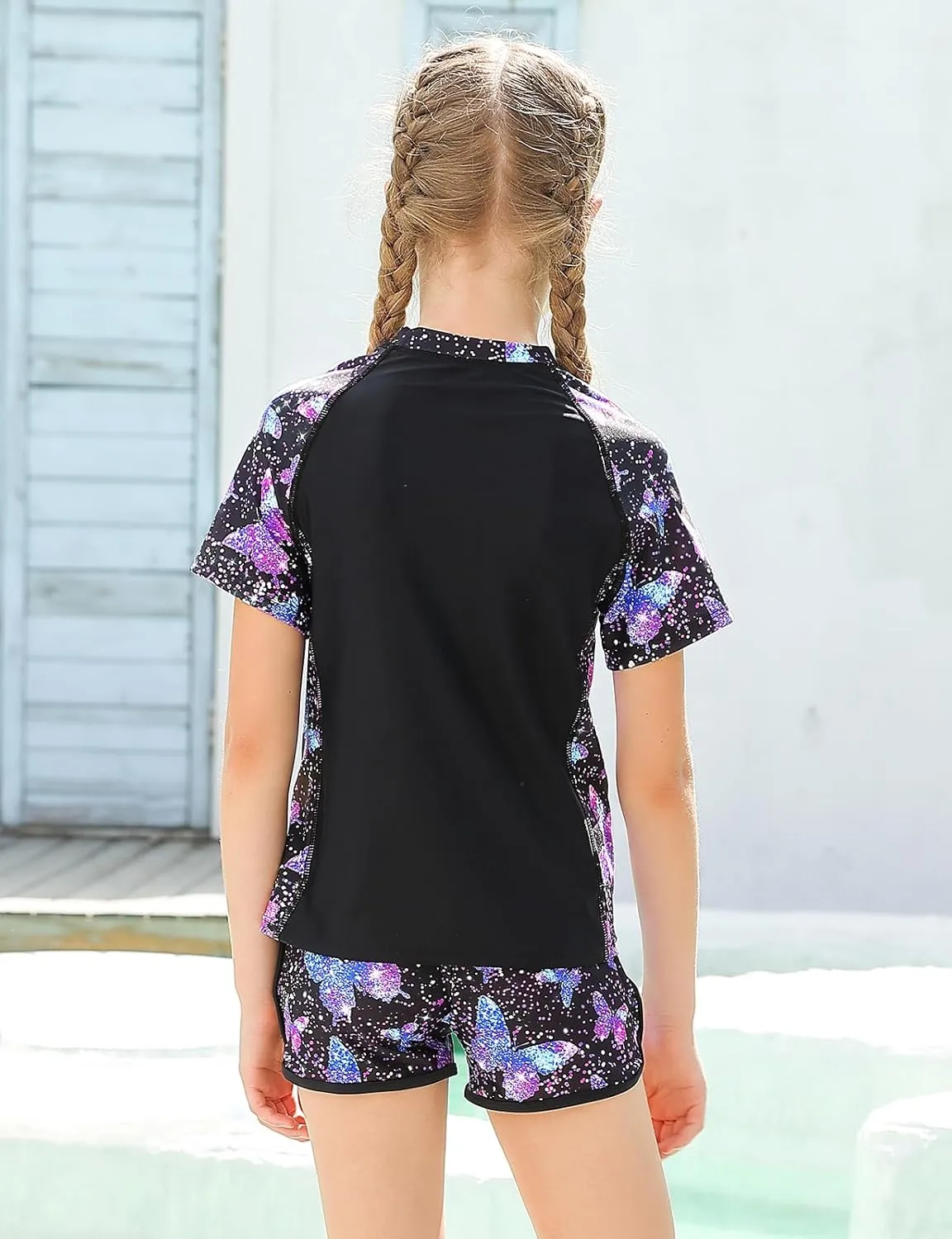 Enlifety 7-14T Girls Swimsuit 2 Piece Bathing Suit Short Sleeve Rash Guard Swimwear Set