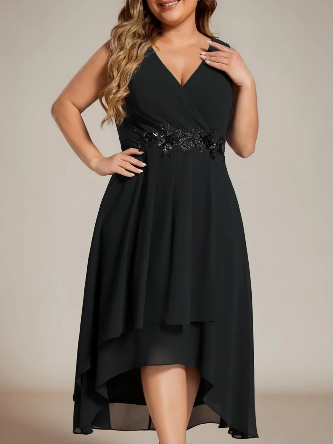Ever-Pretty Plus Women's V Neck Applique Chiffon Pleated Sleeveless Midi Plus Size Cocktail Party Dresses