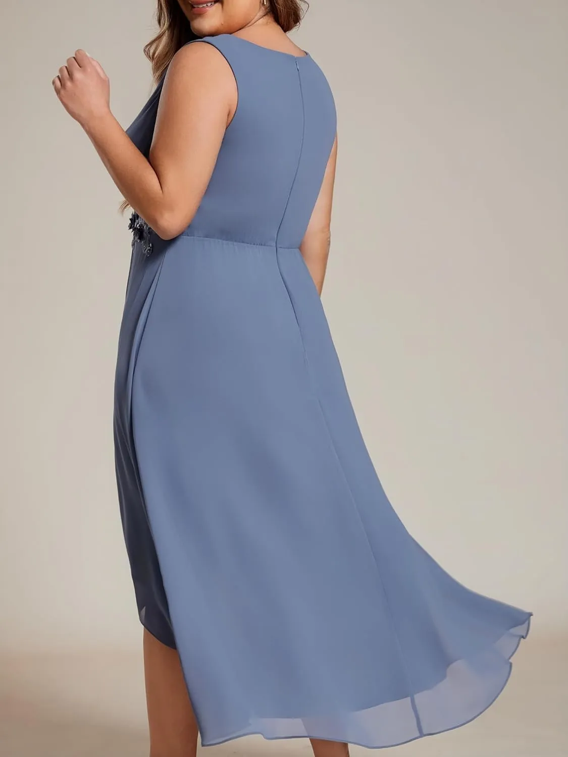 Ever-Pretty Plus Women's V Neck Applique Chiffon Pleated Sleeveless Midi Plus Size Cocktail Party Dresses
