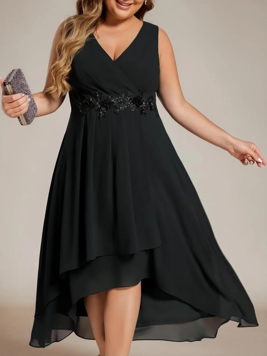 Ever-Pretty Plus Women's V Neck Applique Chiffon Pleated Sleeveless Midi Plus Size Cocktail Party Dresses