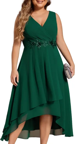 Ever-Pretty Plus Women's V Neck Applique Chiffon Pleated Sleeveless Midi Plus Size Cocktail Party Dresses