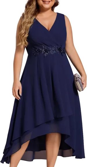 Ever-Pretty Plus Women's V Neck Applique Chiffon Pleated Sleeveless Midi Plus Size Cocktail Party Dresses