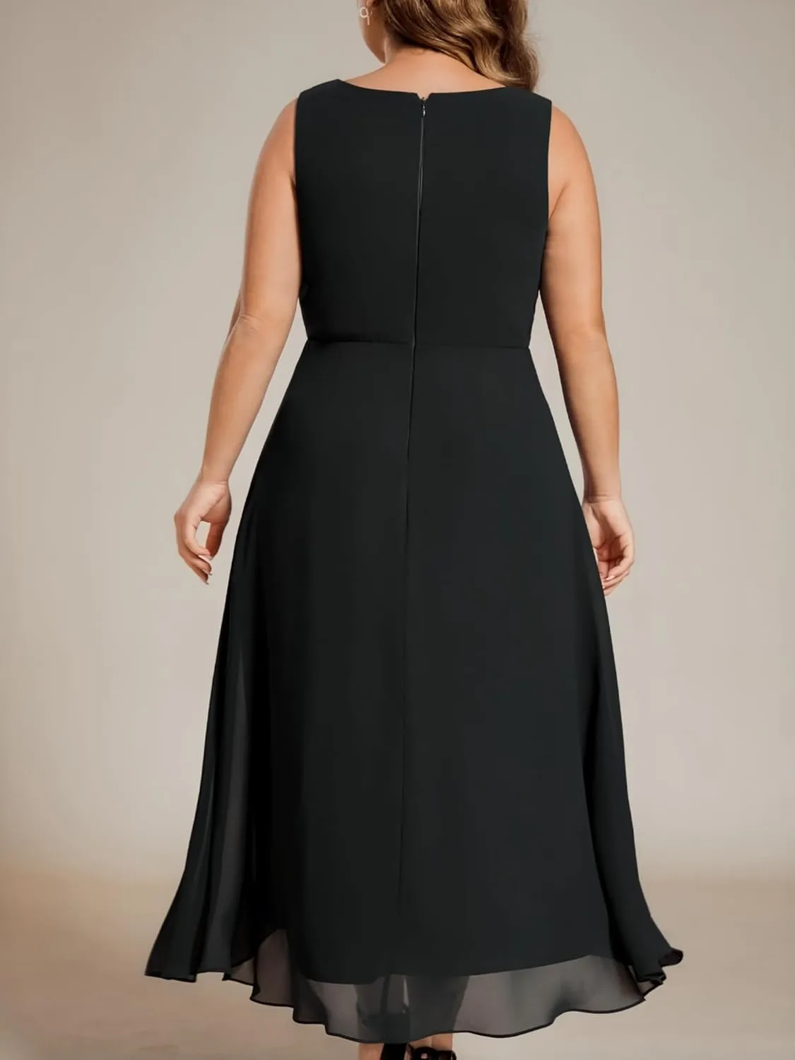 Ever-Pretty Plus Women's V Neck Applique Chiffon Pleated Sleeveless Midi Plus Size Cocktail Party Dresses