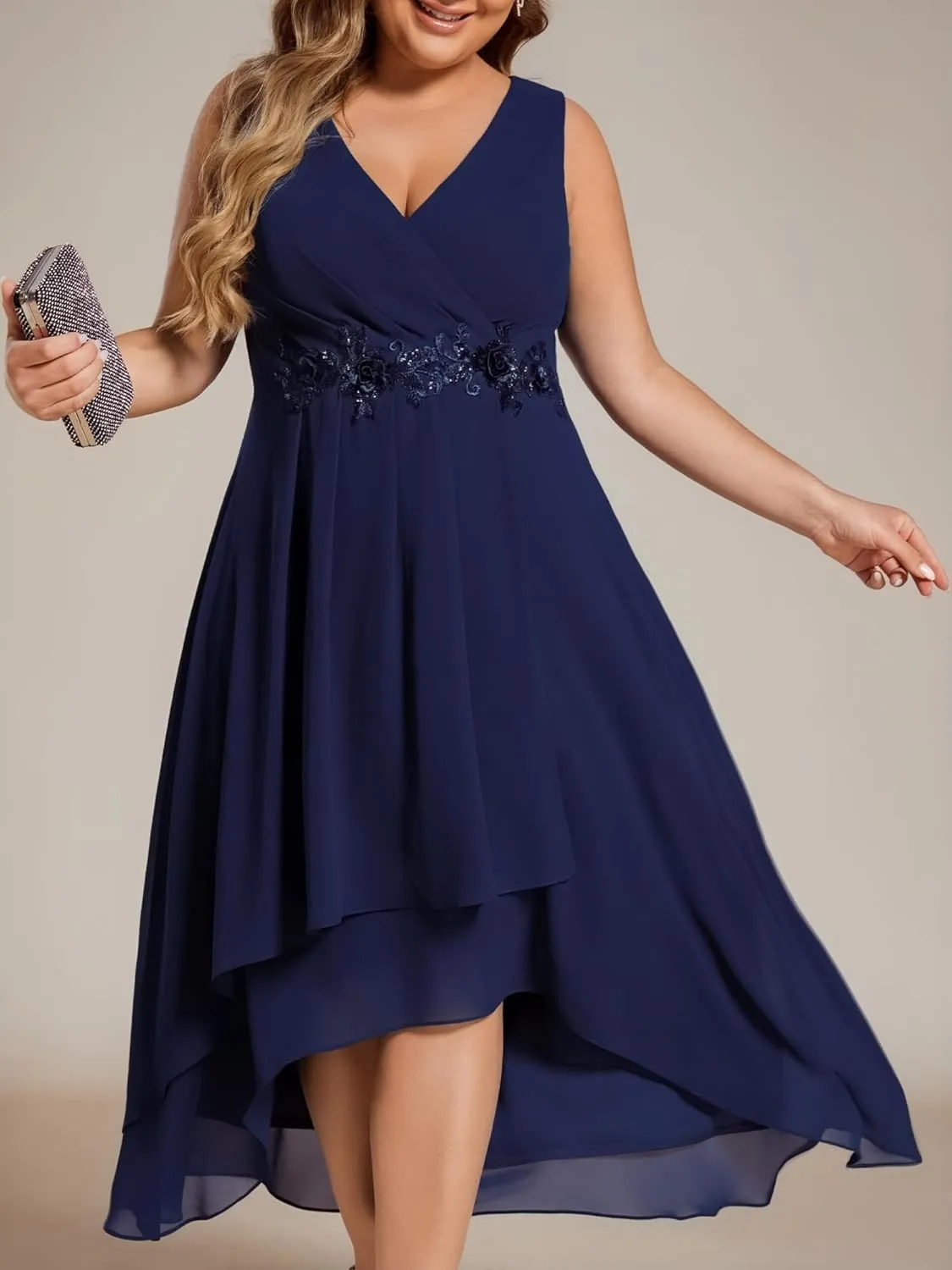 Ever-Pretty Plus Women's V Neck Applique Chiffon Pleated Sleeveless Midi Plus Size Cocktail Party Dresses