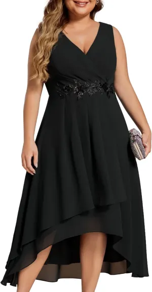 Ever-Pretty Plus Women's V Neck Applique Chiffon Pleated Sleeveless Midi Plus Size Cocktail Party Dresses
