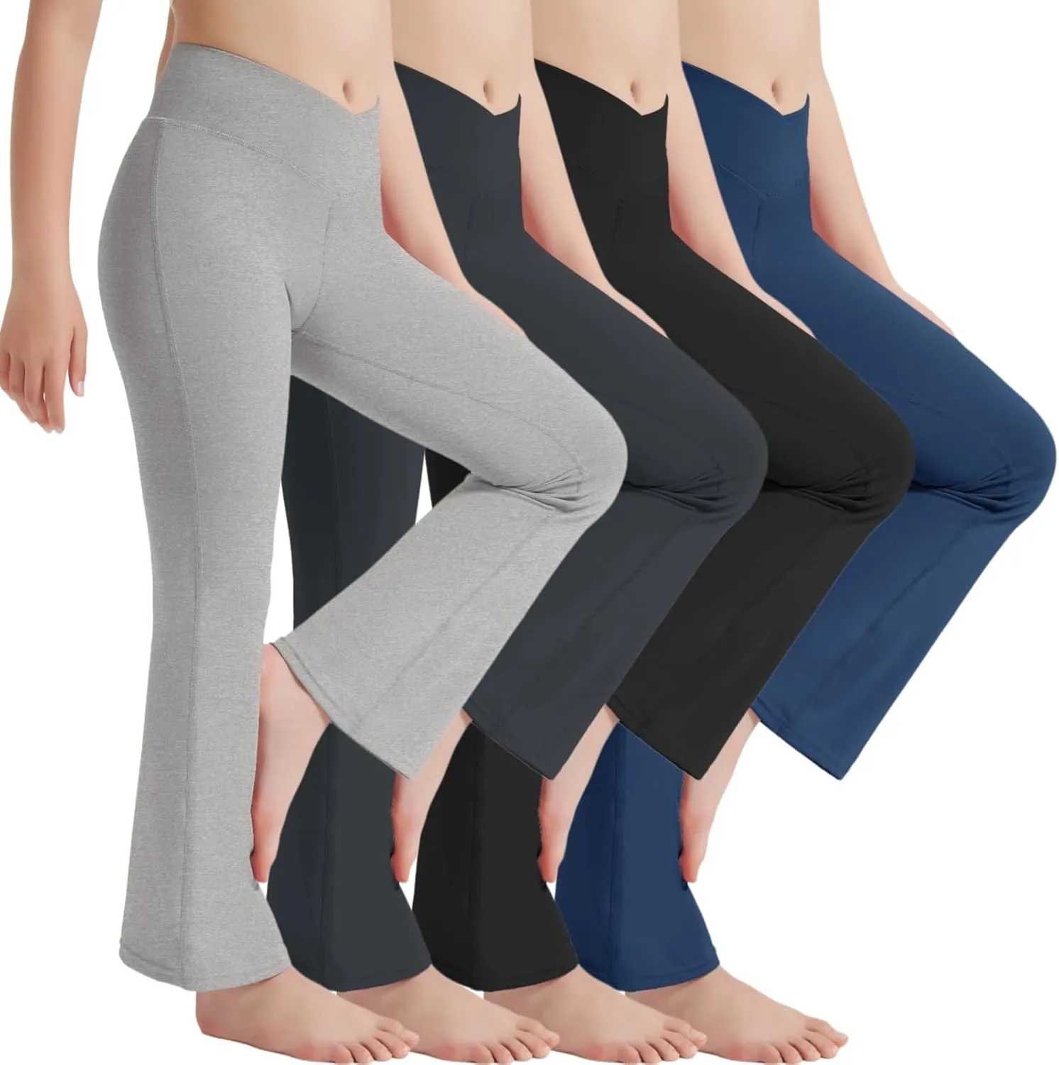 EXARUS 4 Pack Girls Leggings Kids Yoga Pants Crossover V Waist Ankle/Full Length High Waisted for School Casual Dance