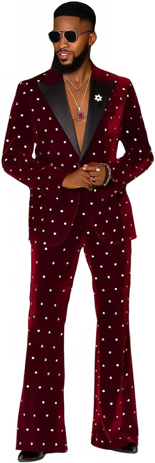Fashion Velvet Men's Suits with Rhinestones 2 Pieces Prom Tuxedo Regular Fit Peak Lapel Blazer Pants for Dinner Wedding