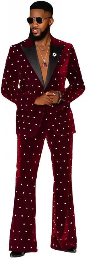 Fashion Velvet Men's Suits with Rhinestones 2 Pieces Prom Tuxedo Regular Fit Peak Lapel Blazer Pants for Dinner Wedding