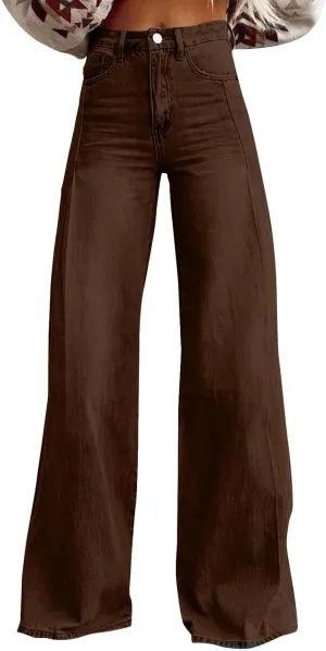 Flare Jeans for Women Vintage Wide Leg Boyfriend Baggy Stretchy High Waisted Denim Pants with Pockets