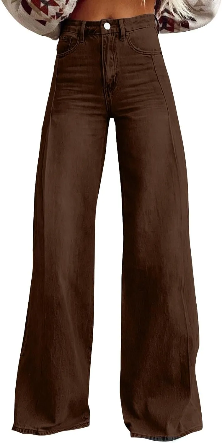 Flare Jeans for Women Vintage Wide Leg Boyfriend Baggy Stretchy High Waisted Denim Pants with Pockets