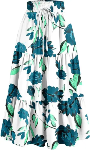 FlekmanArt Maxi Skirts for Women Trendy Summer A Line Long Skirt Drawstring High Waisted Tiered Flowy Pleated Skirt