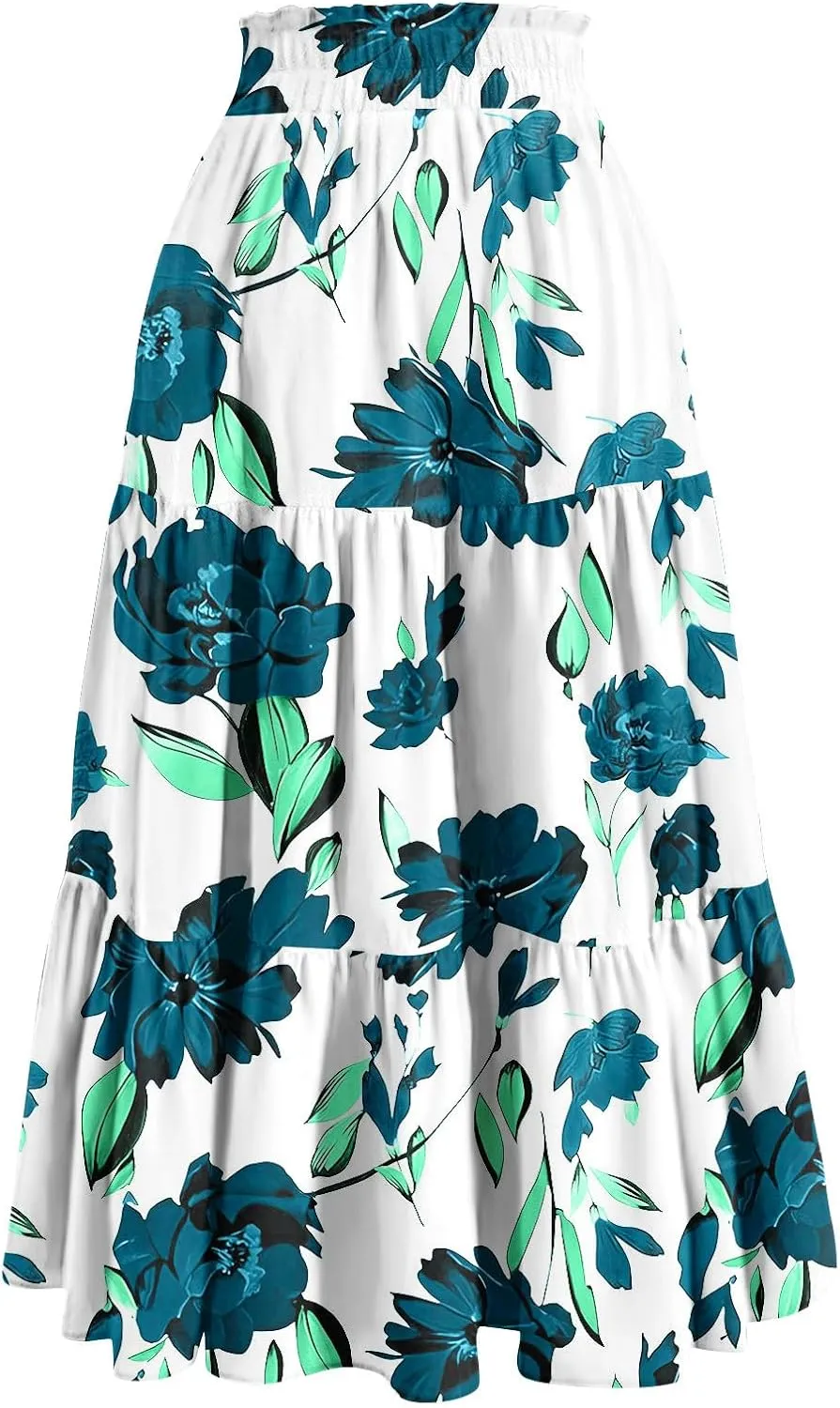 FlekmanArt Maxi Skirts for Women Trendy Summer A Line Long Skirt Drawstring High Waisted Tiered Flowy Pleated Skirt