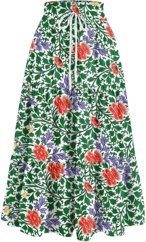 FlekmanArt Maxi Skirts for Women Trendy Summer A Line Long Skirt Drawstring High Waisted Tiered Flowy Pleated Skirt