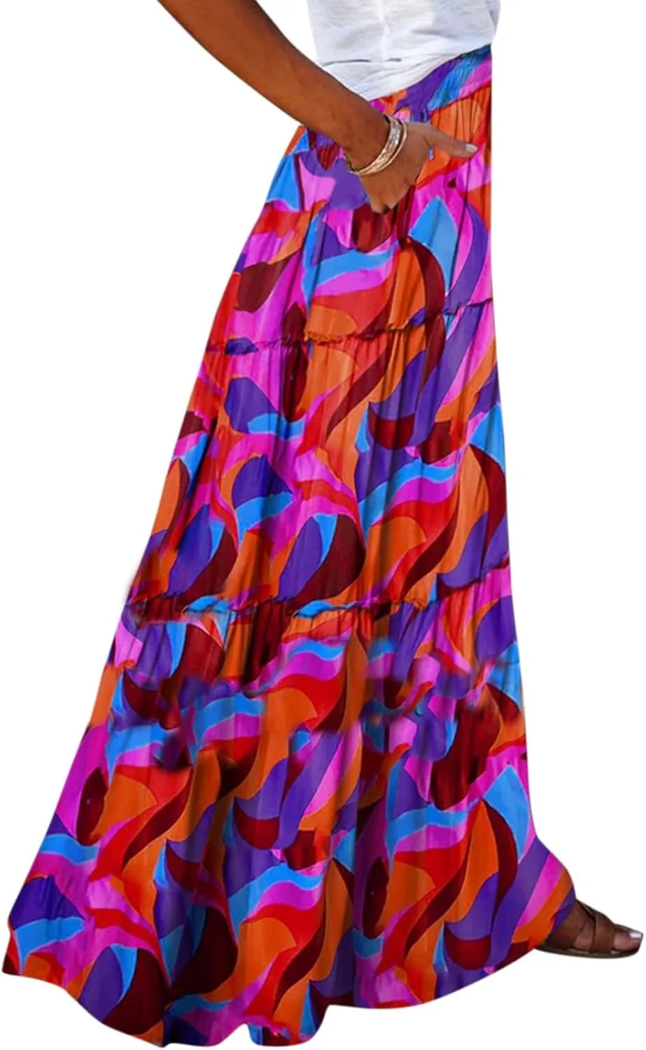 FlekmanArt Womens Summer Boho Flowy Swing Tiered A-Line Maxi Skirt 2025 Fashion Trendy Elastic Waist Pleated Long Beach Dress