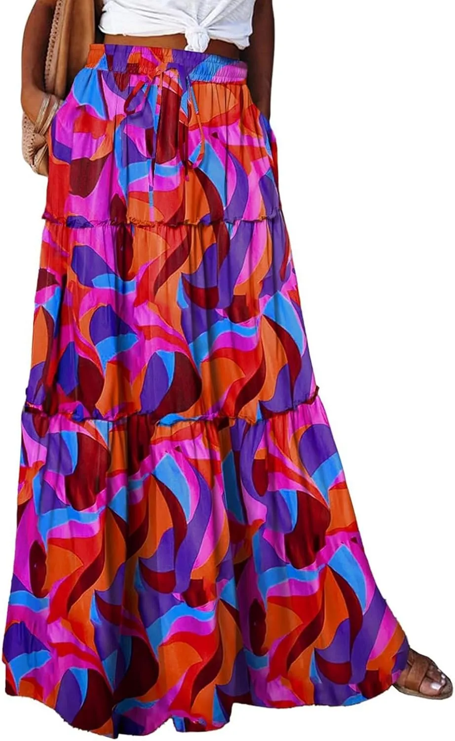 FlekmanArt Womens Summer Boho Flowy Swing Tiered A-Line Maxi Skirt 2025 Fashion Trendy Elastic Waist Pleated Long Beach Dress