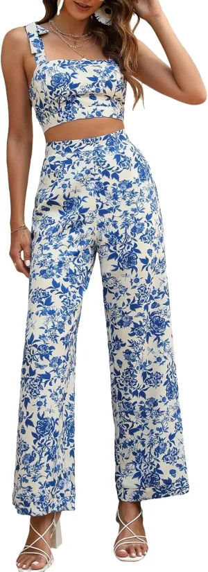 Floerns Women's 2 Piece Summer Outfit Floral Print Knot Shoulder Zip Back Crop Cami Top and Maxi Pants Set