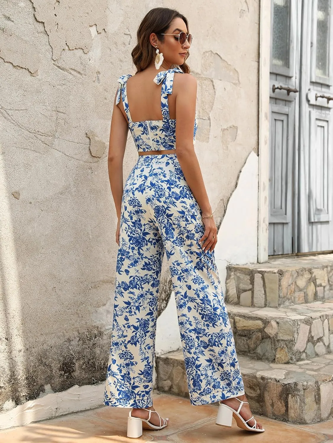 Floerns Women's 2 Piece Summer Outfit Floral Print Knot Shoulder Zip Back Crop Cami Top and Maxi Pants Set
