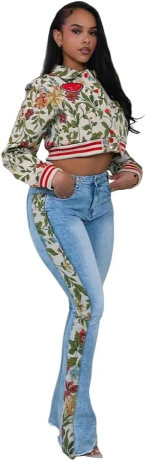 Floral Print Crop Jacket and Jeans Set, Light Blue Denim with Botanical Design, Striped Trim