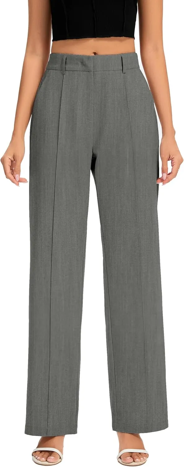 FUNYYZO Women Long Dress Pants High Waisted Work Pants Dressy Casual Straight Leg Elastic Waist Trousers