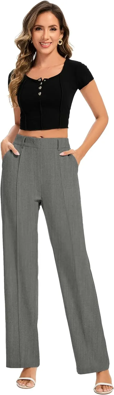 FUNYYZO Women Long Dress Pants High Waisted Work Pants Dressy Casual Straight Leg Elastic Waist Trousers