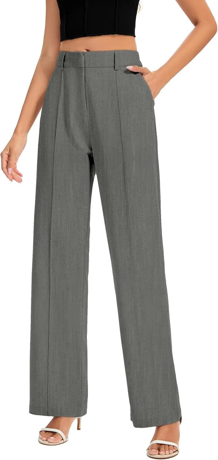 FUNYYZO Women Long Dress Pants High Waisted Work Pants Dressy Casual Straight Leg Elastic Waist Trousers