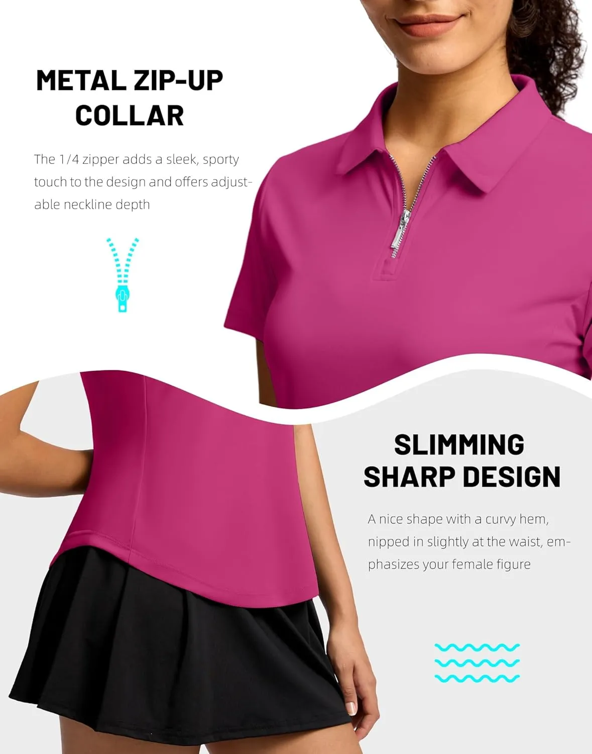 G Gradual Womens Golf Shirt Metal Zip Up Polo Short Sleeve Tennis Work Athletic Collared Top Quick Dry Lightweight