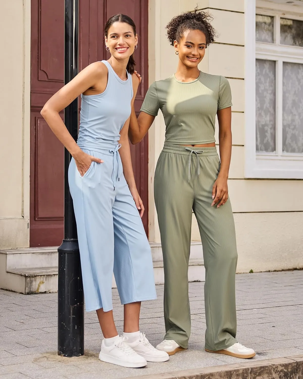G4Free Ribbed Wide Leg Yoga Pants for Women with Pockets Drawstring High Waist Casual Lounge Pants Petite/Regular/Tall