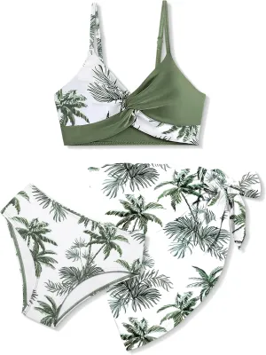 Girls Swimsuit, Bathing Suits 3 Piece Tropical Floral Twist Cross Bikini Sets Girls' Swimwear with Cover Up Skirt 7-16T