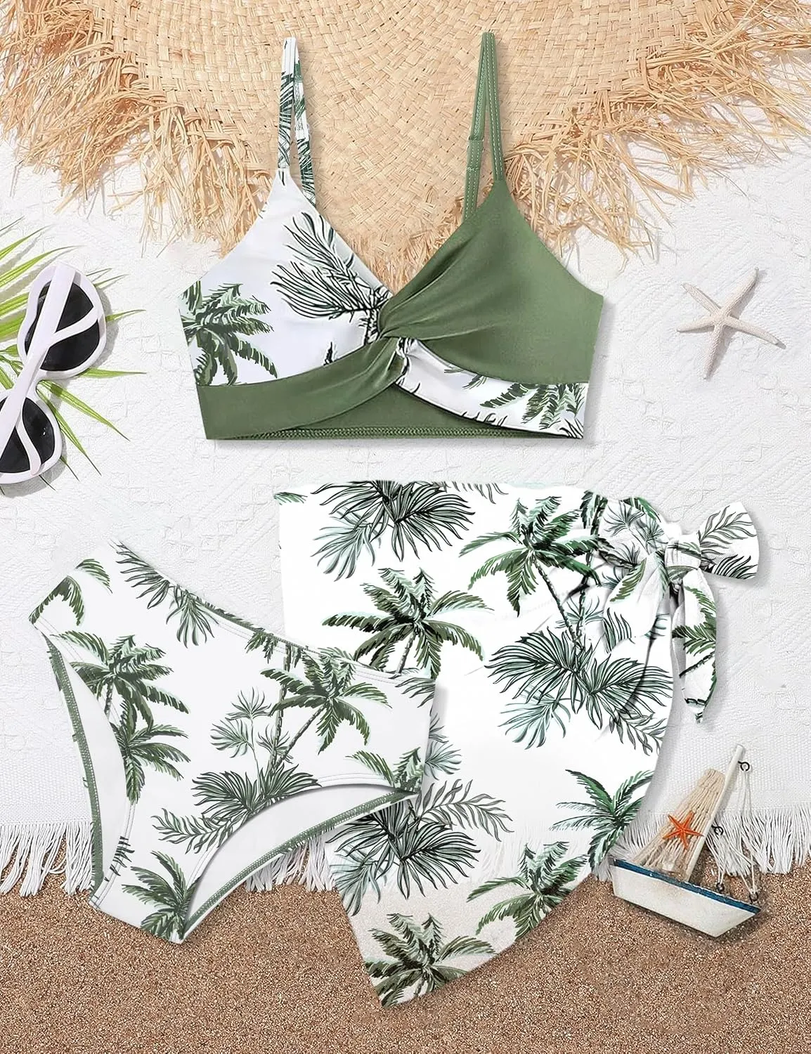 Girls Swimsuit, Bathing Suits 3 Piece Tropical Floral Twist Cross Bikini Sets Girls' Swimwear with Cover Up Skirt 7-16T