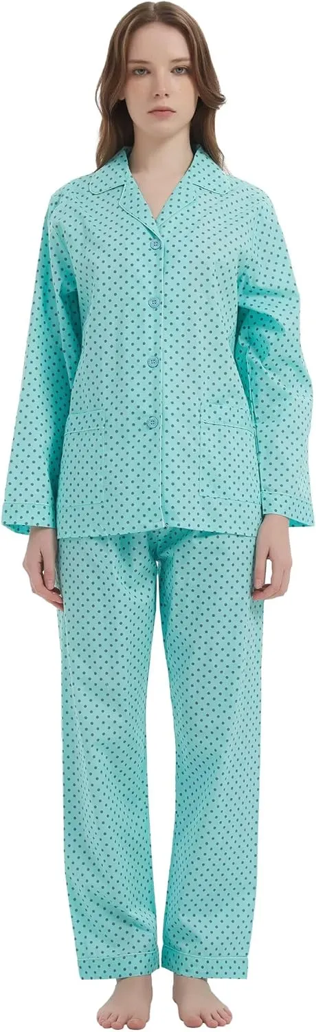 GLOBAL Women's 100% Cotton Pajama Set|Long-Sleeved with Pants PJs |Button Down Front Top&Drawstring Waist Bottom Nightwear