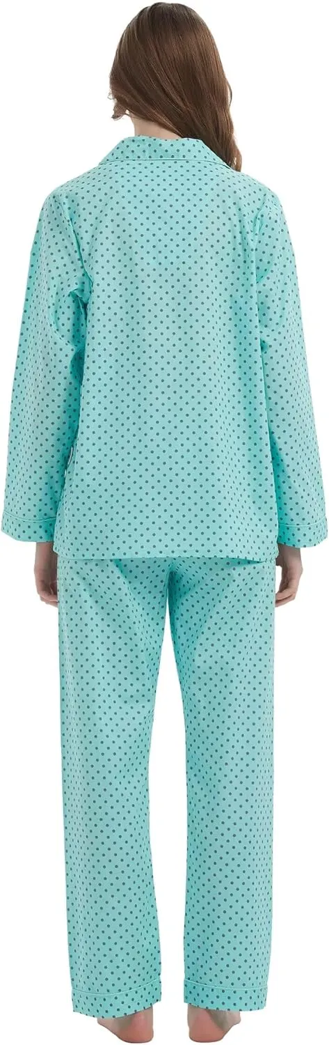 GLOBAL Women's 100% Cotton Pajama Set|Long-Sleeved with Pants PJs |Button Down Front Top&Drawstring Waist Bottom Nightwear