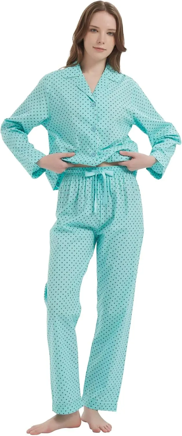 GLOBAL Women's 100% Cotton Pajama Set|Long-Sleeved with Pants PJs |Button Down Front Top&Drawstring Waist Bottom Nightwear