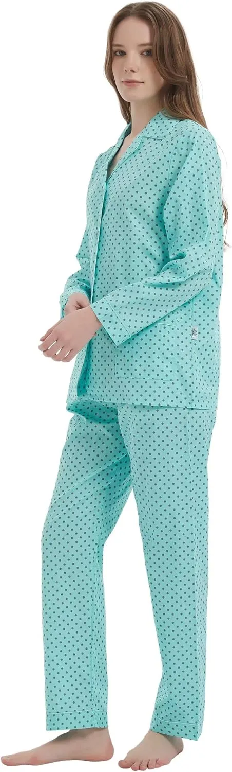 GLOBAL Women's 100% Cotton Pajama Set|Long-Sleeved with Pants PJs |Button Down Front Top&Drawstring Waist Bottom Nightwear