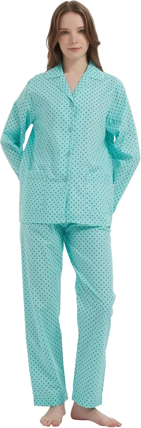 GLOBAL Women's 100% Cotton Pajama Set|Long-Sleeved with Pants PJs |Button Down Front Top&Drawstring Waist Bottom Nightwear