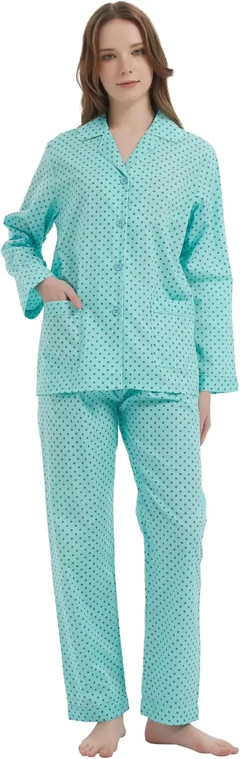 GLOBAL Women's 100% Cotton Pajama Set|Long-Sleeved with Pants PJs |Button Down Front Top&Drawstring Waist Bottom Nightwear