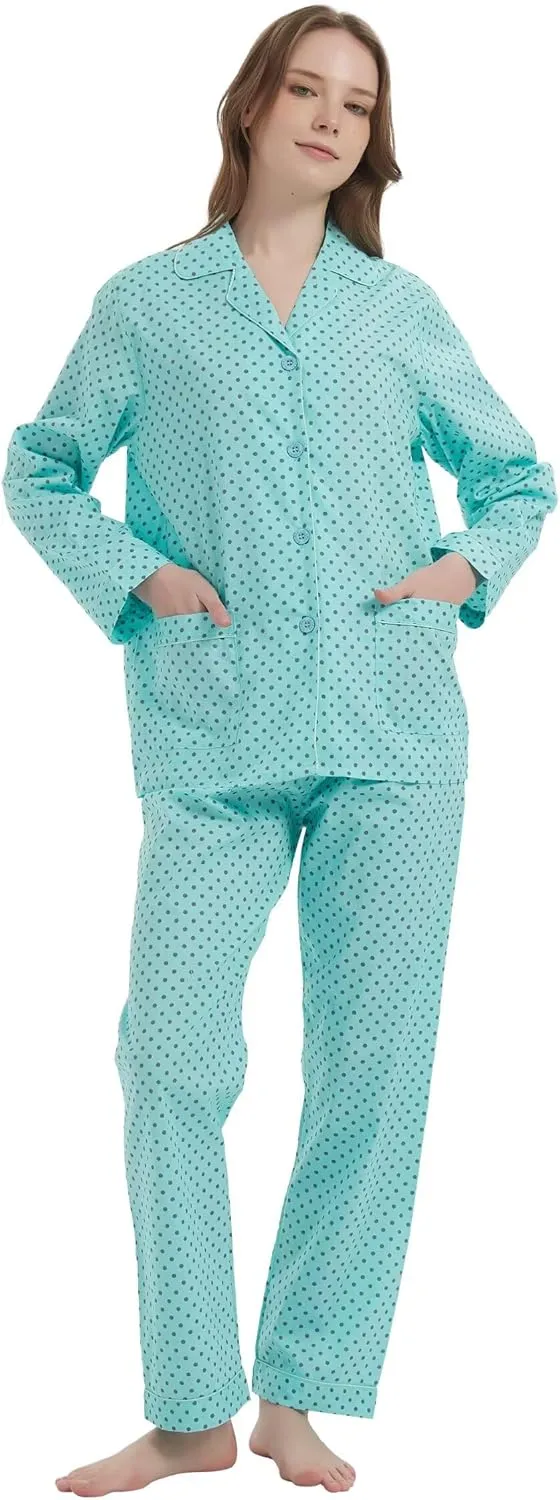 GLOBAL Women's 100% Cotton Pajama Set|Long-Sleeved with Pants PJs |Button Down Front Top&Drawstring Waist Bottom Nightwear