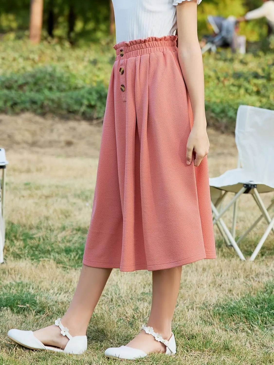 GORLYA Girls Boho Paper Bag Elastic Waist Long Swing Casual Vintage Button Front Maxi Skirt for 6-14Y