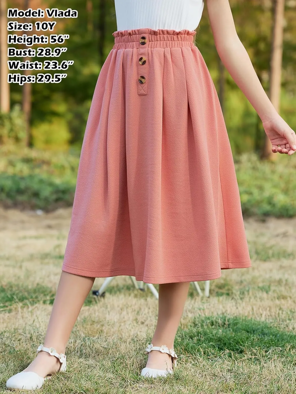 GORLYA Girls Boho Paper Bag Elastic Waist Long Swing Casual Vintage Button Front Maxi Skirt for 6-14Y
