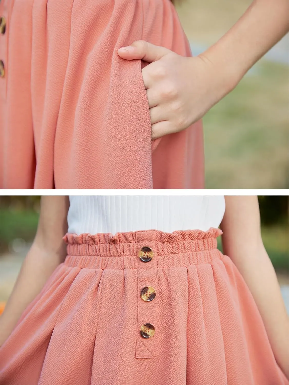 GORLYA Girls Boho Paper Bag Elastic Waist Long Swing Casual Vintage Button Front Maxi Skirt for 6-14Y