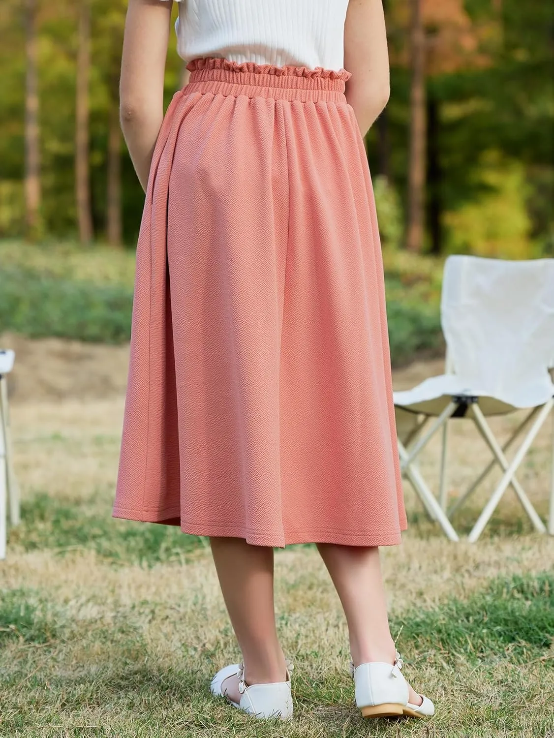 GORLYA Girls Boho Paper Bag Elastic Waist Long Swing Casual Vintage Button Front Maxi Skirt for 6-14Y