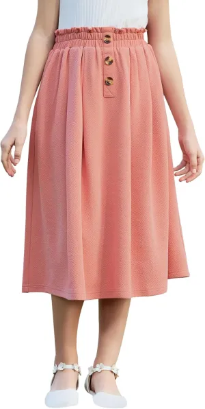 GORLYA Girls Boho Paper Bag Elastic Waist Long Swing Casual Vintage Button Front Maxi Skirt for 6-14Y