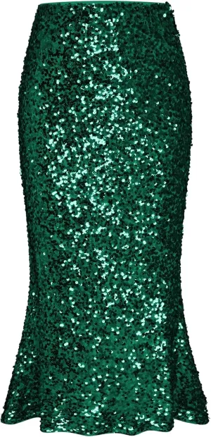GRACE KARIN Women's Sequin Skirt Elastic High Waist Ruffled Hem Night Out Party Bodycon Midi Skirt