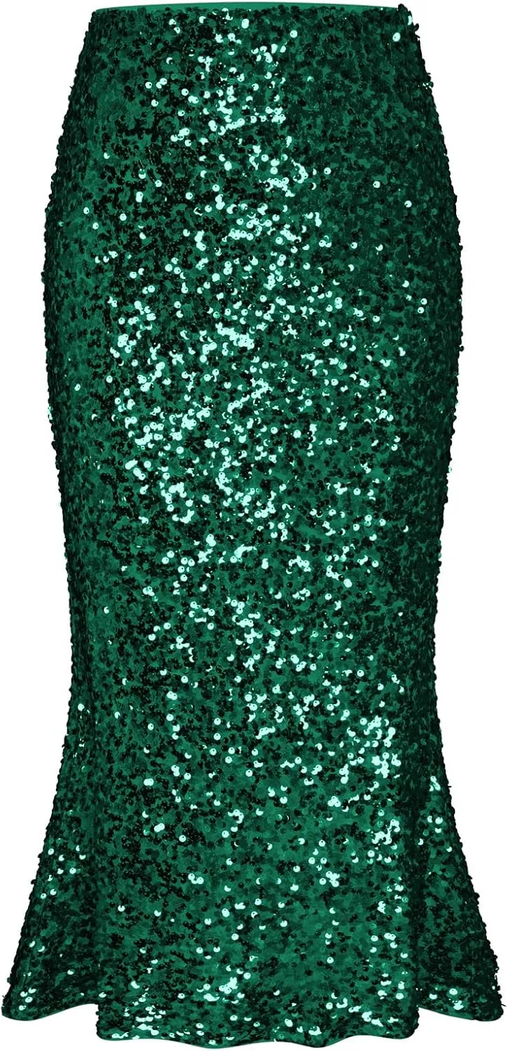 GRACE KARIN Women's Sequin Skirt Elastic High Waist Ruffled Hem Night Out Party Bodycon Midi Skirt