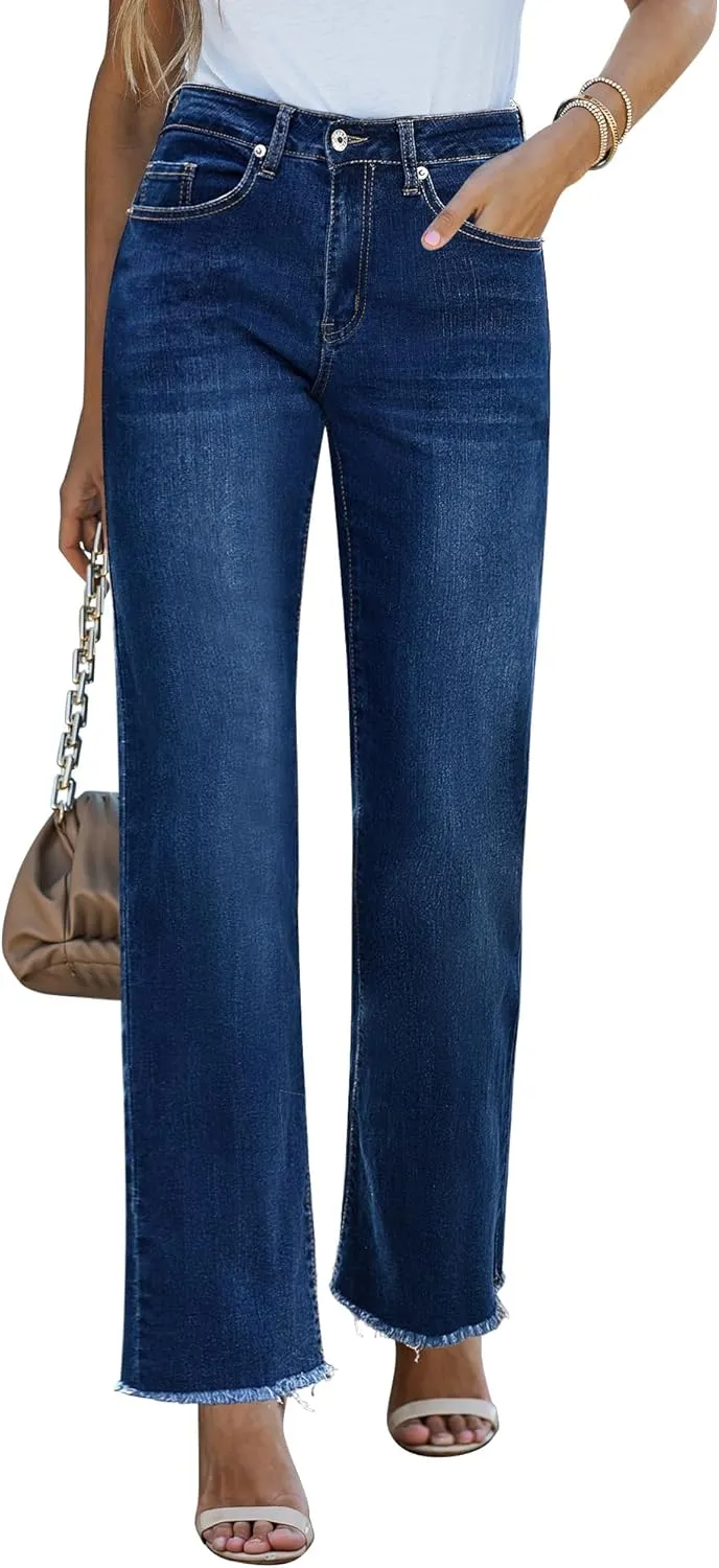 GRAPENT Straight Leg Jeans for Women High Waisted Stretchy Frayed Raw Hem Loose Denim Pants Casual Baggy Jean Trousers