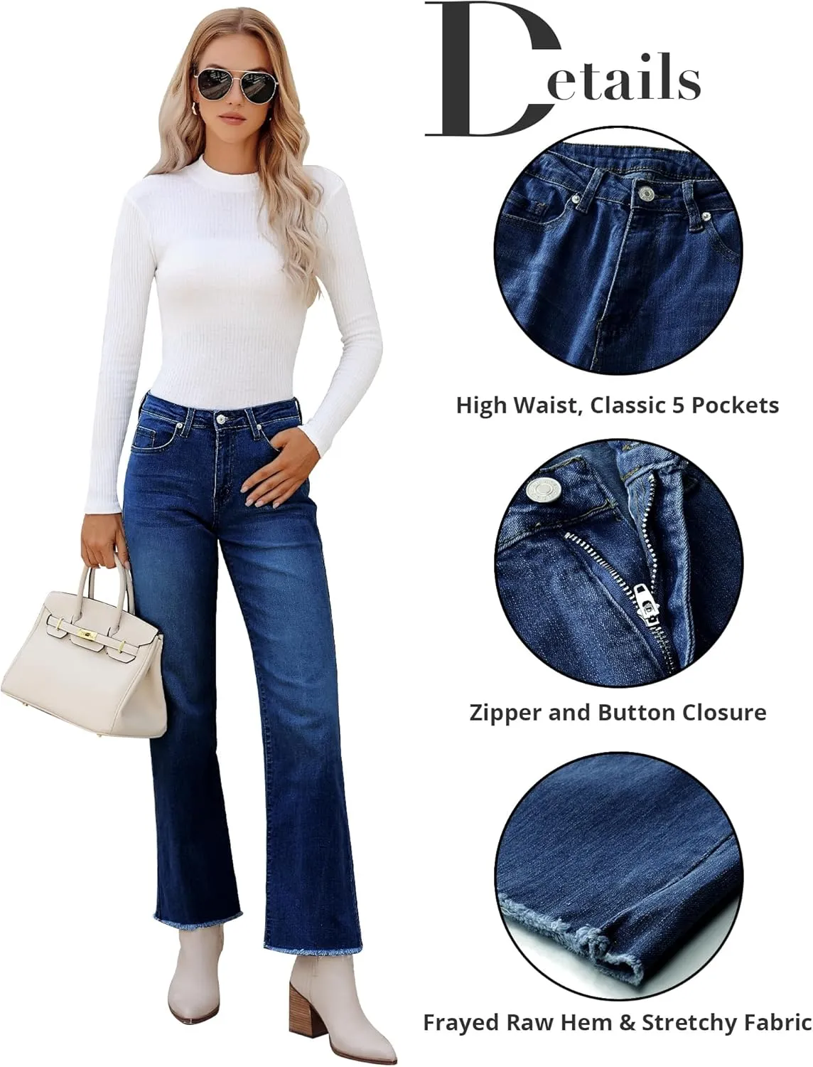 GRAPENT Straight Leg Jeans for Women High Waisted Stretchy Frayed Raw Hem Loose Denim Pants Casual Baggy Jean Trousers